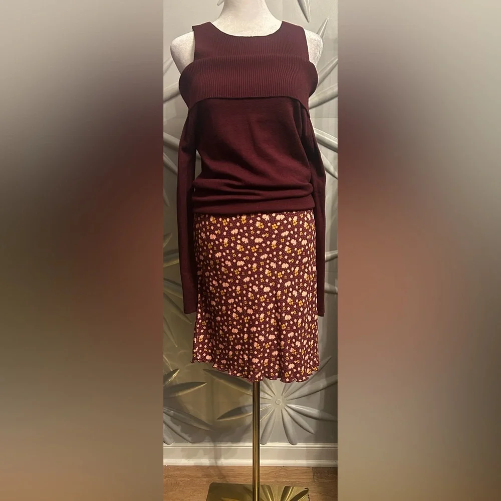 NWT Free People SZ 10 burgundy/pink/gold side zip skirt w/scalloped edge hemline